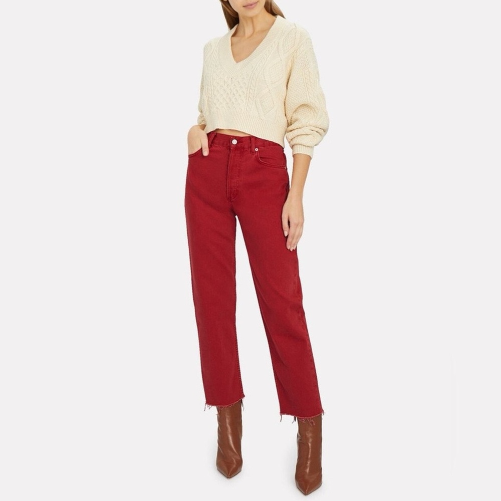 Boyish Tommy Straight Leg Jeans Red High Rise Raw Hem Cropped Denim Size 27